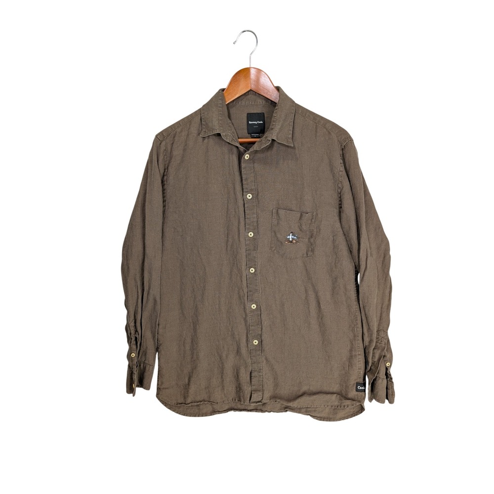 Barney Cools Button Down Mens Small Brown Excellent Linen Blend Lighthouse Shirt